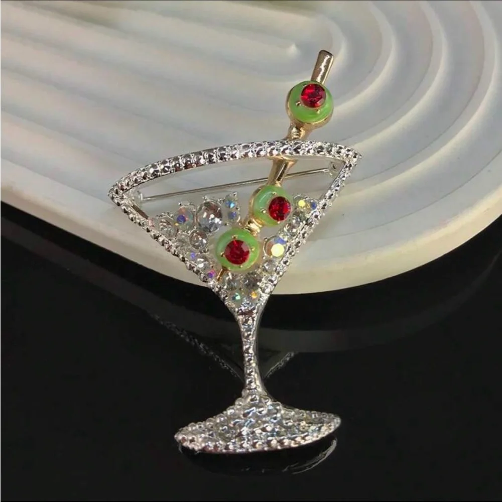 Crystal Martini Cocktail Brooch with Green and Red Accents